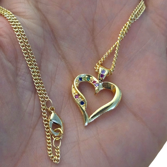 Gold Layered Pendant Necklace with Multicolor Micro Pave Heart Design - Picture 5 of 5